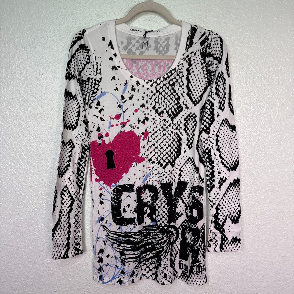 Christian Audigier Y2K Shirt Womens Medium Crystal Rock Snake Locket Tunic Top